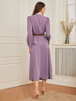 Bow Neck Button Front Belted Blazer & Flared Skirt