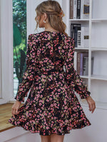 Floral Print Flounce Sleeve Ruffle Trim Wrap Knot Side Dress