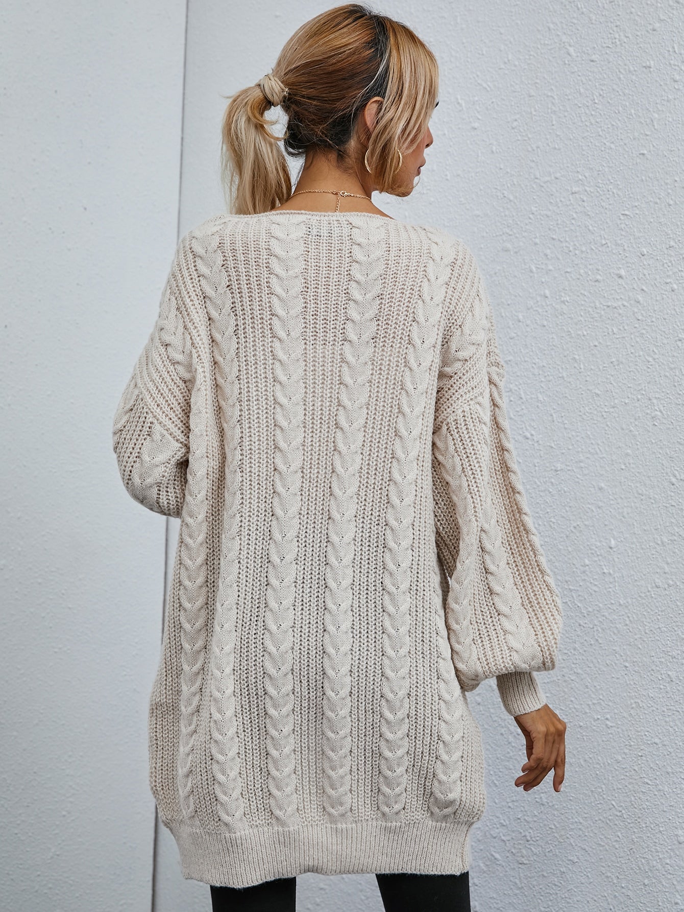 Drop Shoulder Lantern Sleeve Cable Knit Cardigan