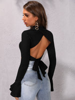 Flounce Sleeve Backless Knot Crop Tee