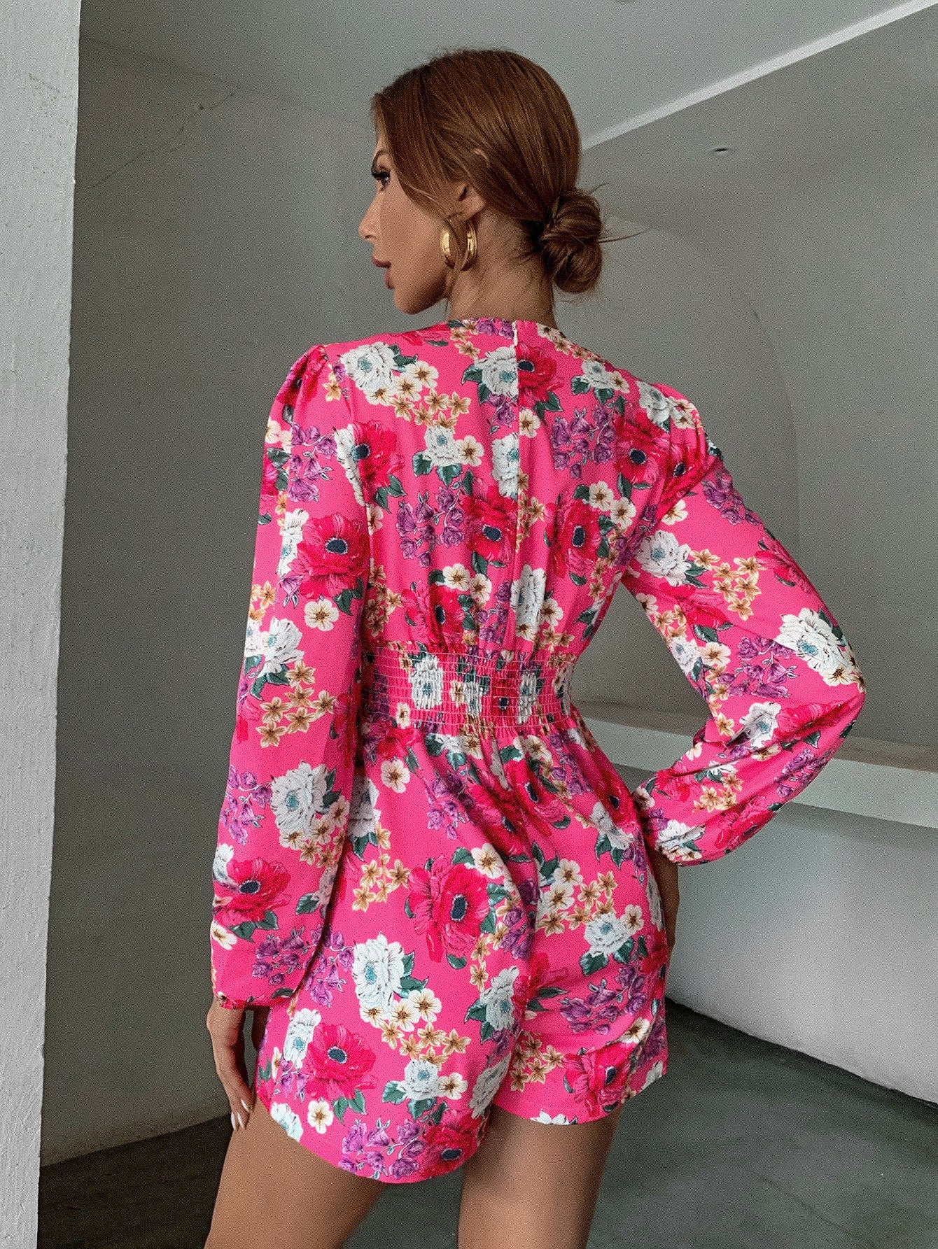 Floral Print Lantern Sleeve Romper