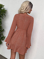 Allover Print Flounce Sleeve Ruffle Hem Belted Dress