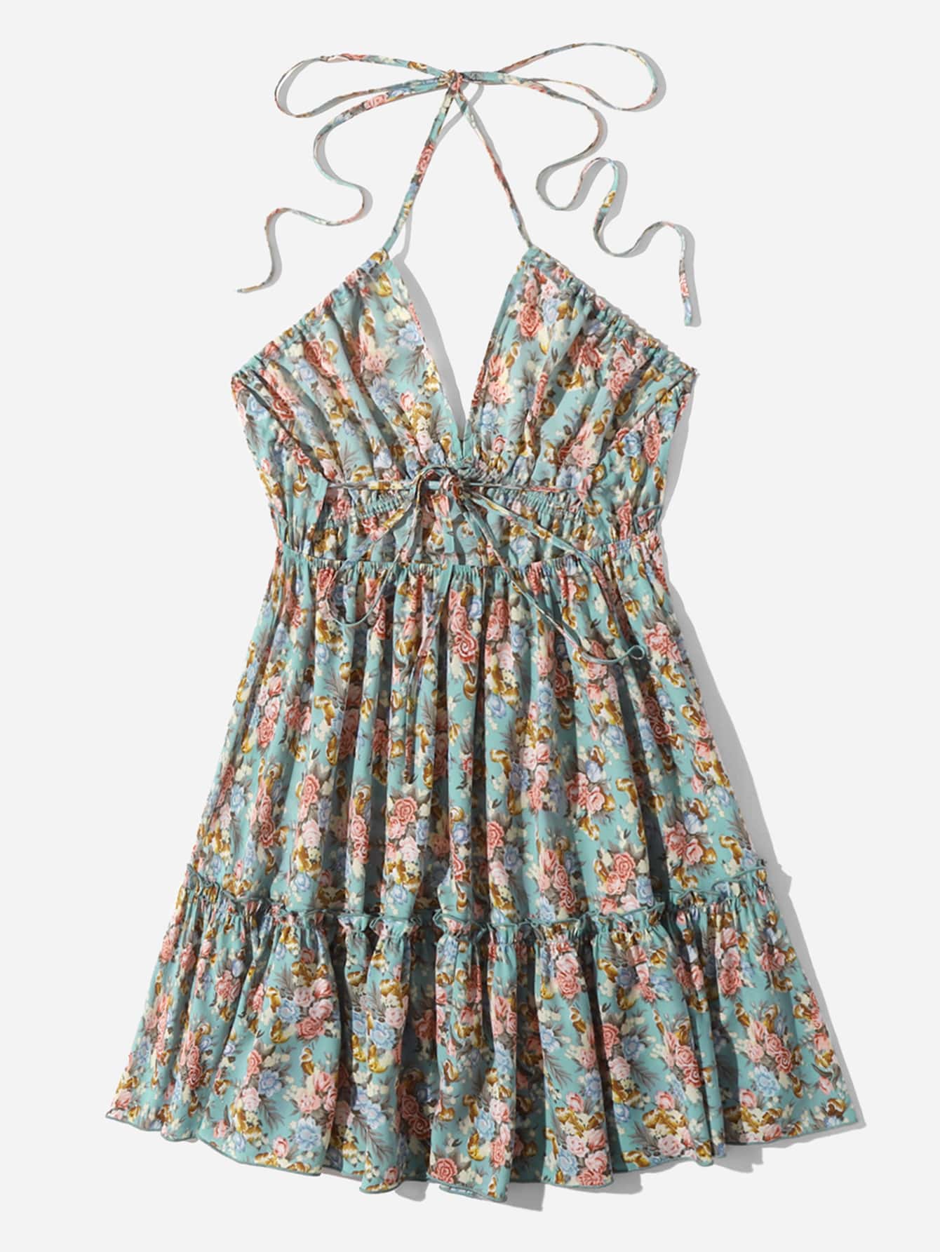 Ditsy Floral Print Ruffle Hem Halter Dress