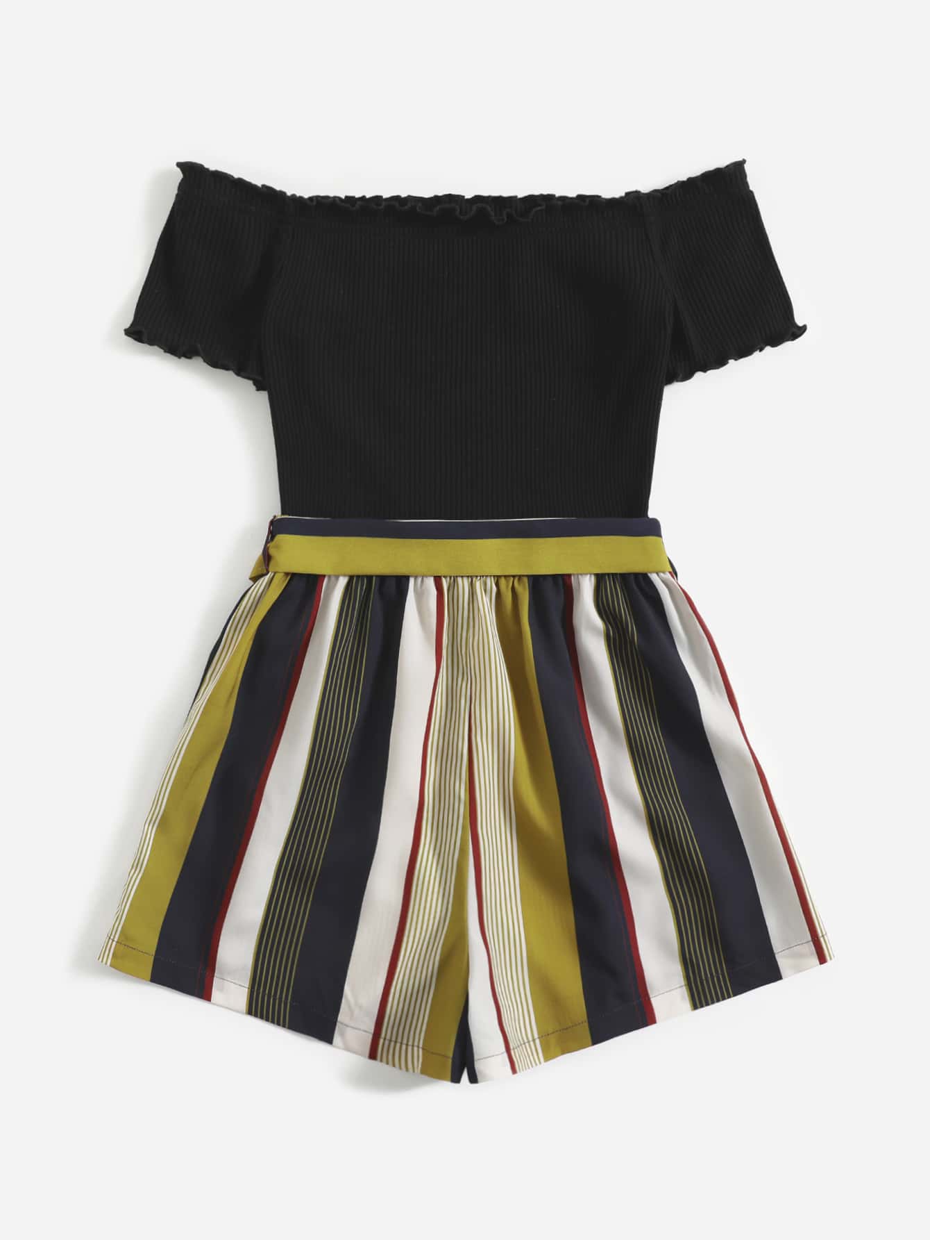Off Shoulder Striped Paneled Self Belted Romper