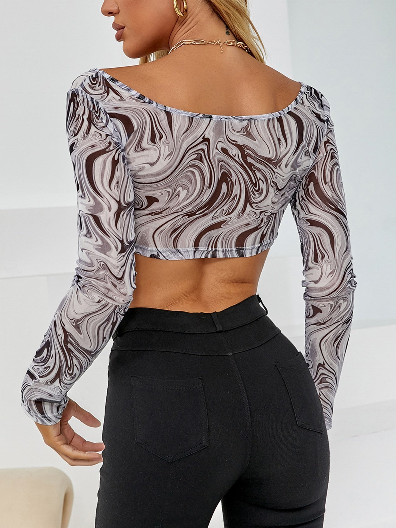 Marble Print Scoop Neck Crop Mesh Top