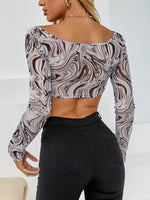 Marble Print Scoop Neck Crop Mesh Top
