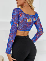 Marble Print Scoop Neck Crop Mesh Tee