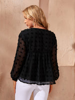 V Neck Swiss Dot Lantern Sleeve Chiffon Top