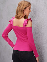 Ruffle Trim Cold Shoulder Ribbed Knit Tee