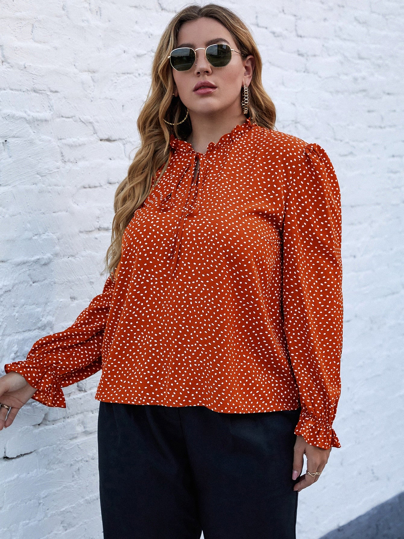 Plus Allover Print Tie Neck Flounce Sleeve Blouse