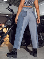 Plus High Waist Color Block Raw Hem Jeans