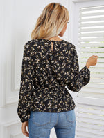 Ditsy Floral Print Lantern Sleeve Peplum Top
