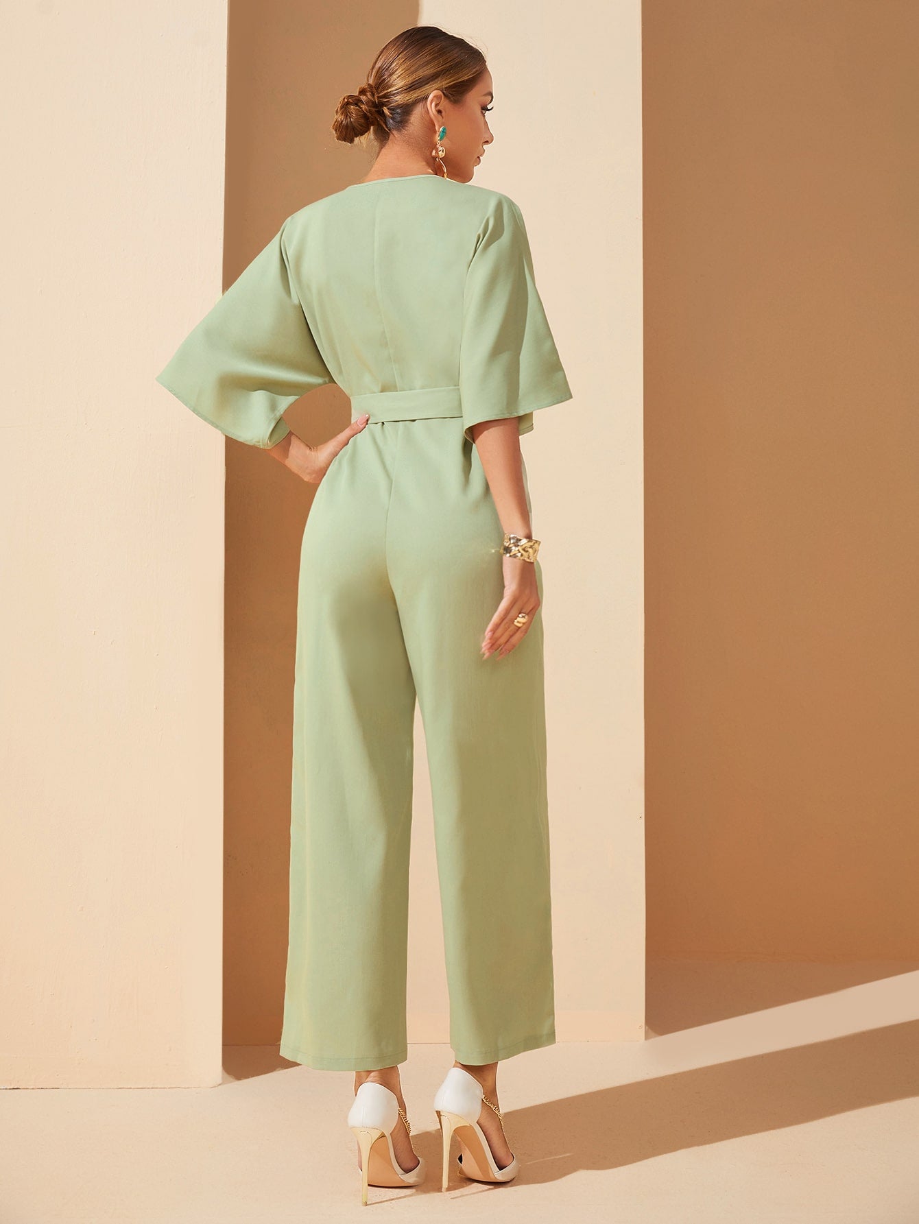 Surplice Front Belted Wide Leg Jumpsuit