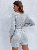 Drop Shoulder Surplice Neck Belted Romper