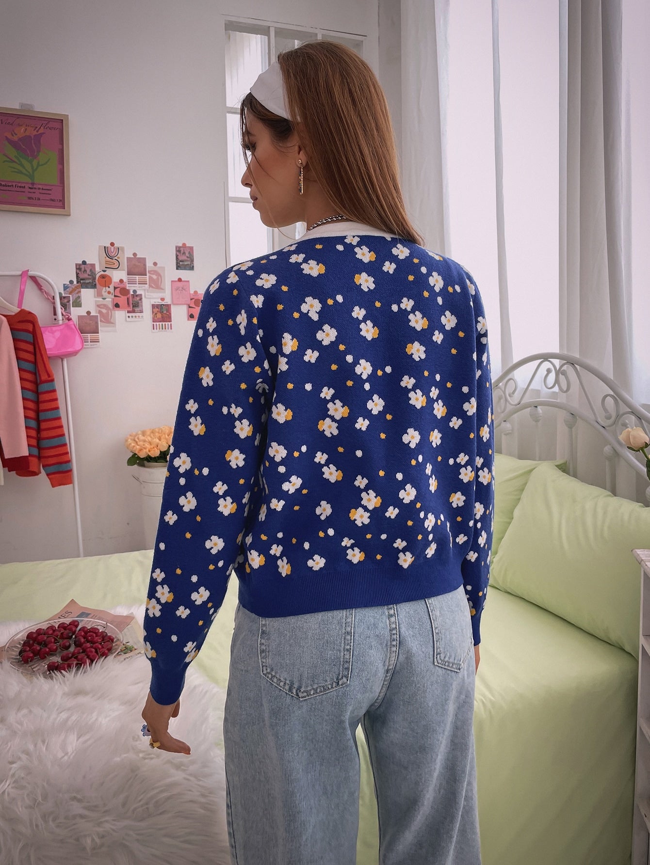 Allover Floral Pattern Open Front Cardigan