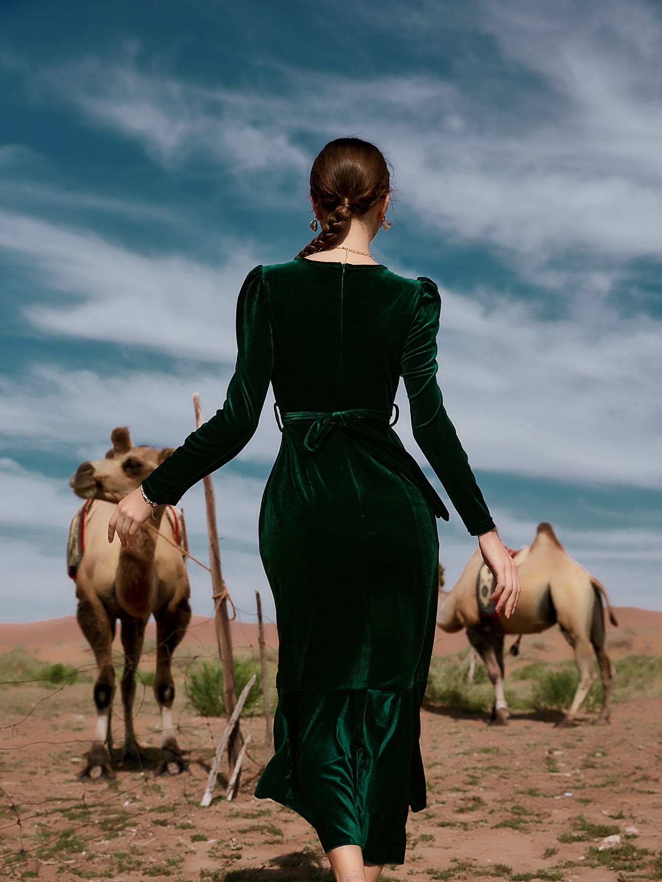 Puff Sleeve Mermaid Hem Belted Velvet Dress