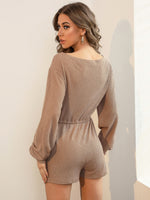 Boat Neck Drawstring Waist Lantern Sleeve Romper
