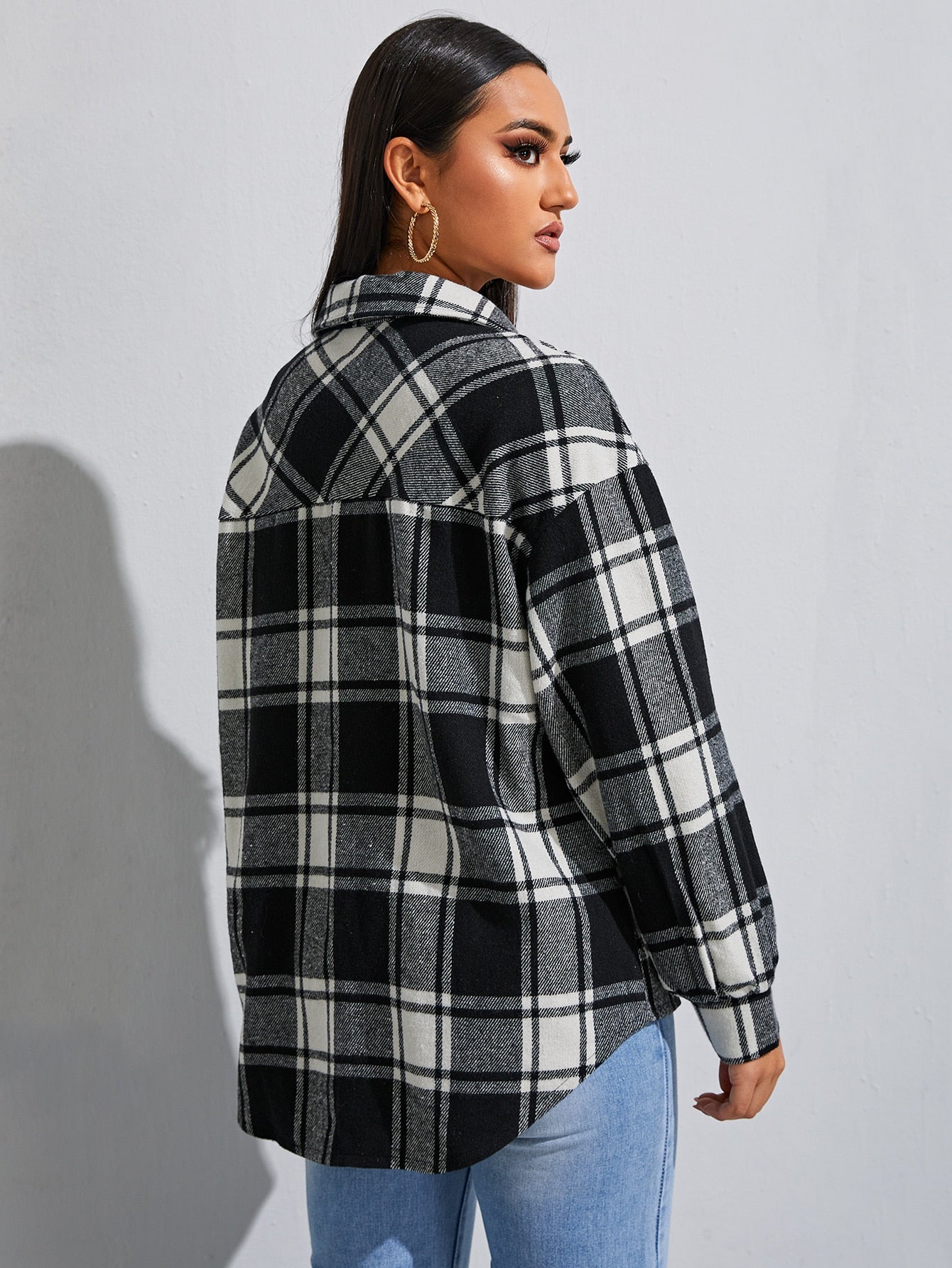 Plaid Flap Pocket Drop Shoulder Overcoat