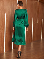 Double Crazy Bishop Sleeve Tie Side Satin Wrap Dress