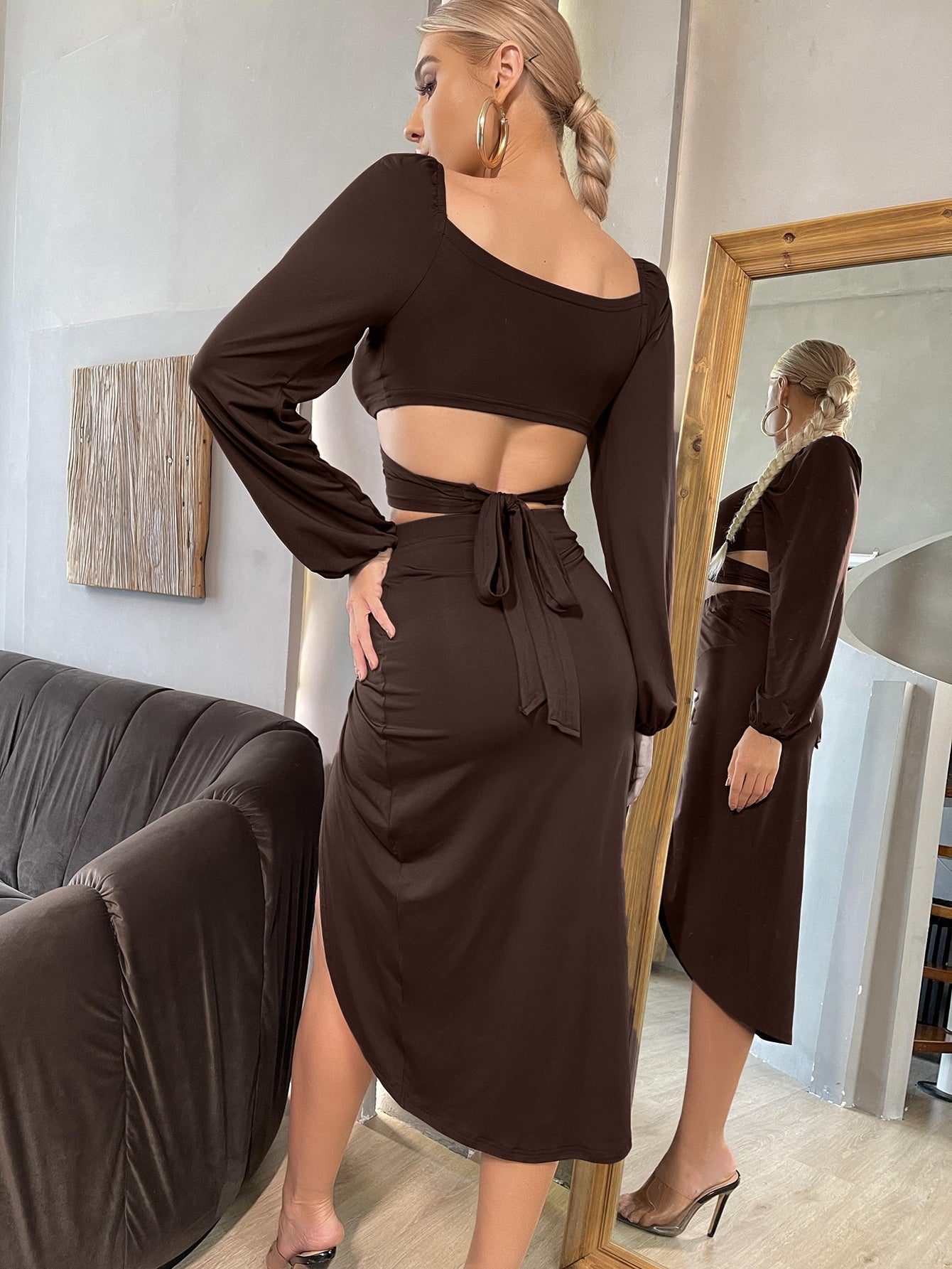 Sweetheart Neck Tie Back Crop Top & Twist Front Cut Out Split Thigh Skirt