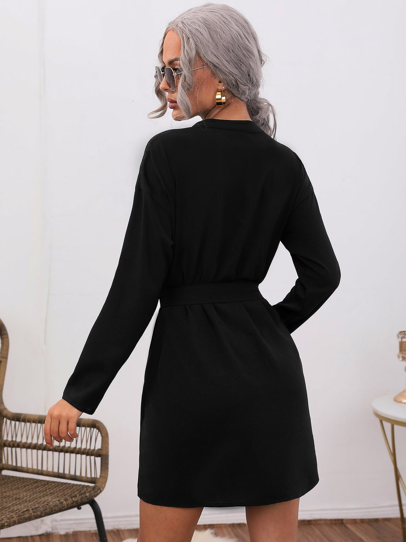 Floral Lace Insert Belted Dress
