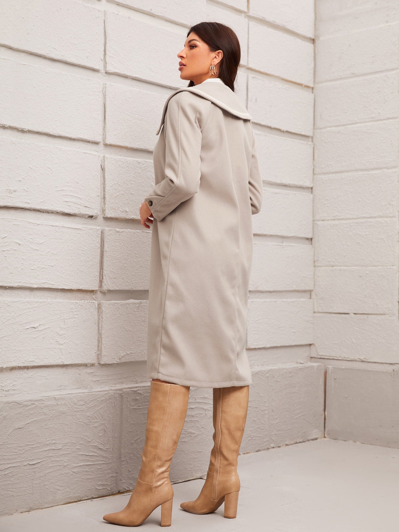 Striped Trim Collar Single Breasted Overcoat