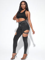 Cut Out Grommet Eyelet Skinny Jeans