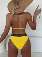 Leopard Trim Halter Triangle Bikini Swimsuit