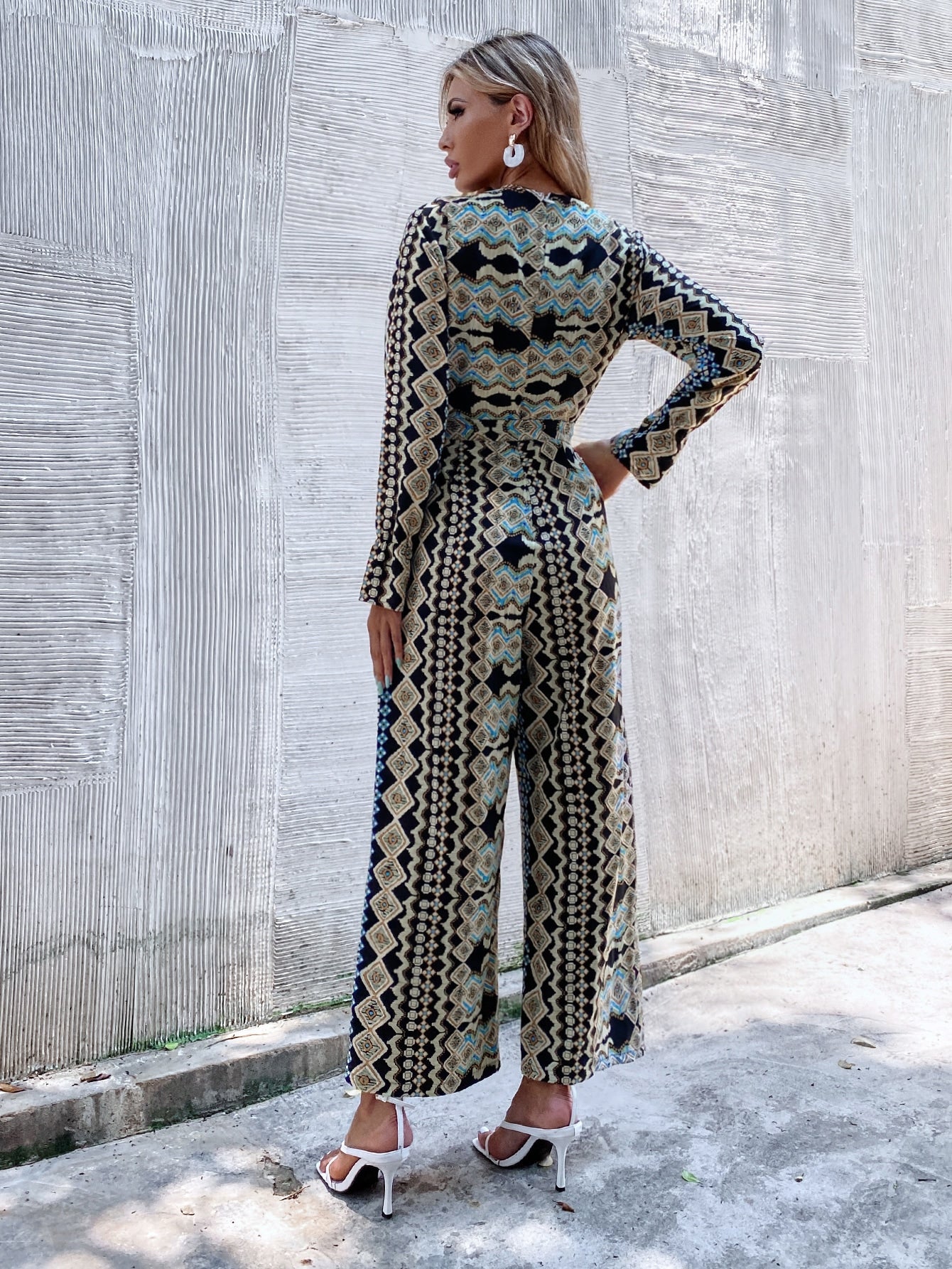 Geo Print Slant Pocket Belted Wide Leg Jumpsuit