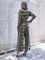 Geo Print Slant Pocket Belted Wide Leg Jumpsuit