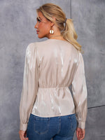 Solid Ruched Button Front Peplum Blouse