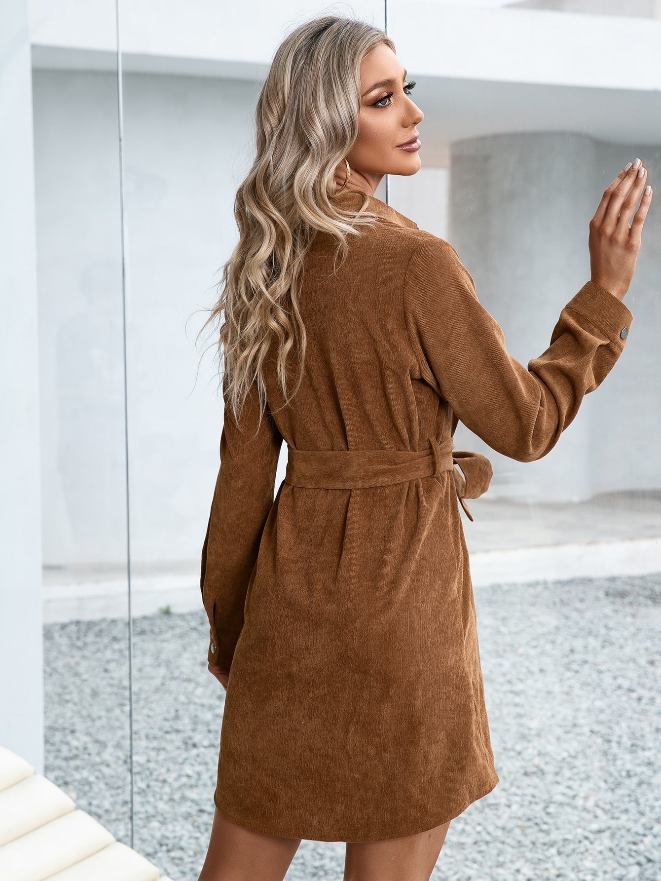 Solid Belted Corduroy Shirt Dress
