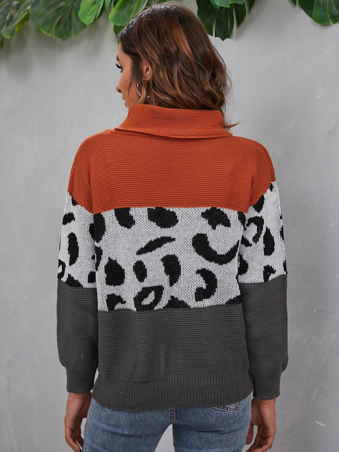 Color Block Drop Shoulder Turtle Neck Sweater