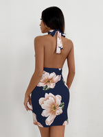 Floral Print Choker Neck Tie Back Dress
