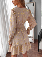 Golden Dot Print Flounce Sleeve Shirred Tie Front Ruffle Hem Dress