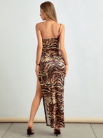 One Shoulder Marble Print Split Thigh Dress
