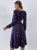Cherry Print Bishop Sleeve Belted Dress