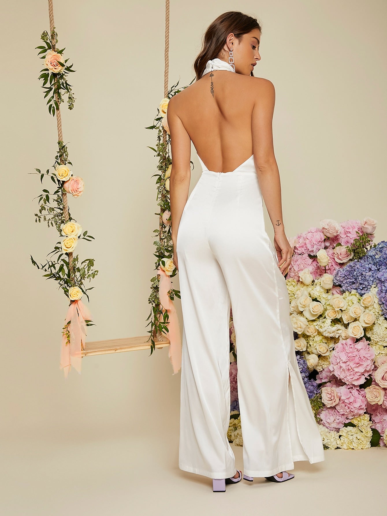 Backless Halter Neck Slit Hem Wide Leg Jumpsuit
