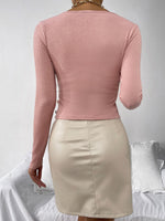 Ribbed Knit Cross Wrap Front Button Detail Tee