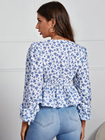 Allover Print Bishop Sleeve Twist Front Top