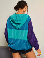 Letter Graphic Half Zip Color Block Drawstring Hooded Windbreaker Jacket