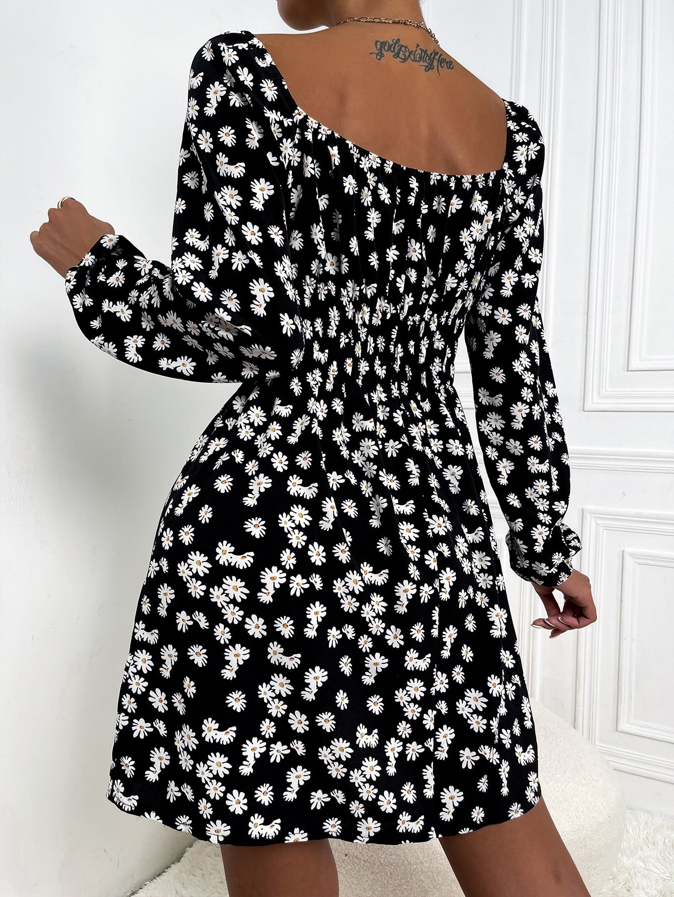 Floral Print Knotted Front Lantern Sleeve Dress