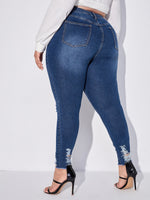 Plus High Waist Bleach Wash Ripped Raw Hem Skinny Jeans