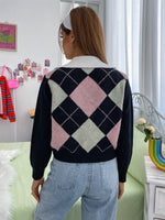 Argyle Pattern Contrast Collar Cardigan