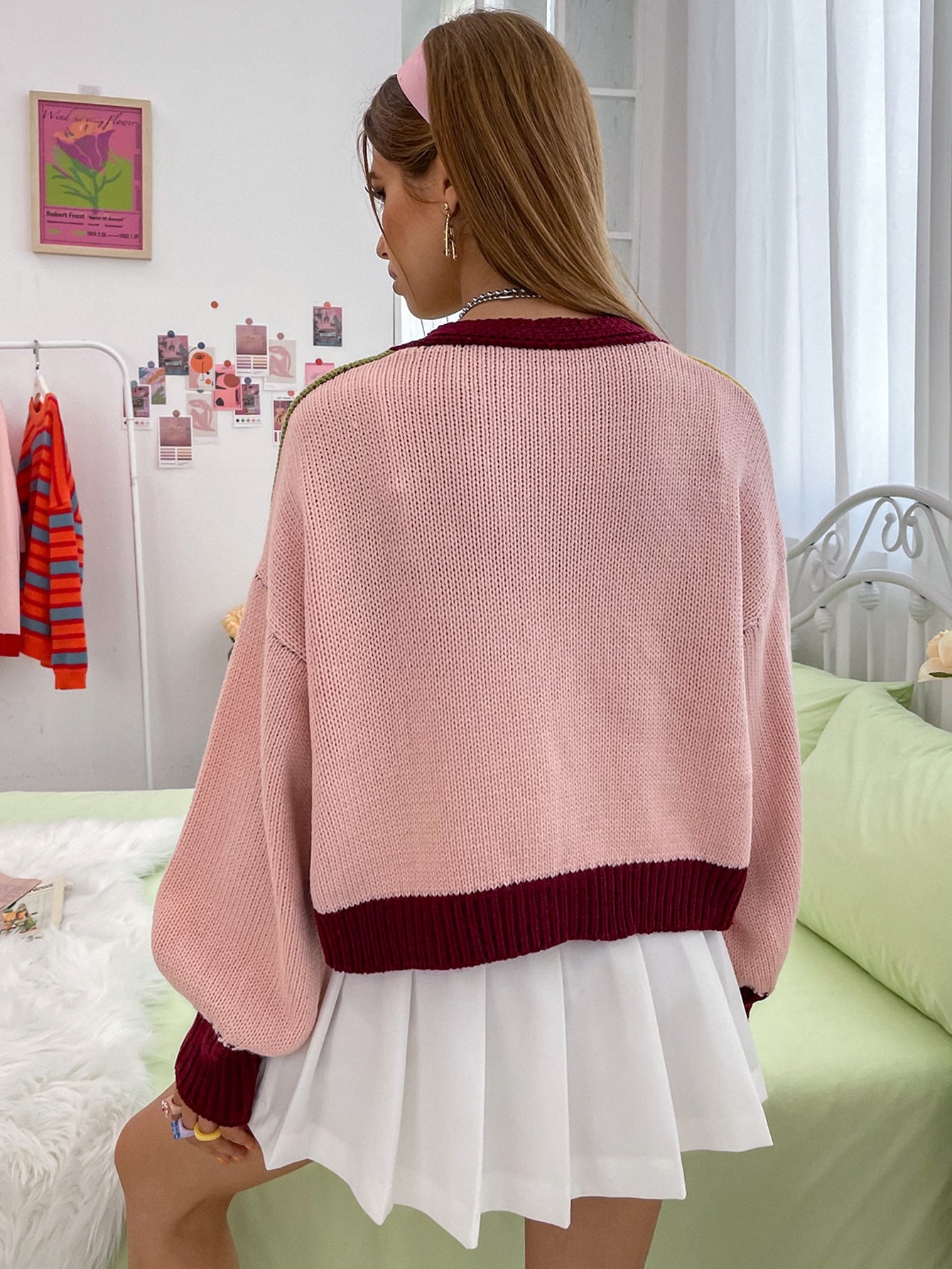 Drop Shoulder Lantern Sleeve Colorblock Cardigan