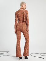 Scoop Neck Allover Print Cut Out Shoulder Tee & Flare Leg Pants With Scarf