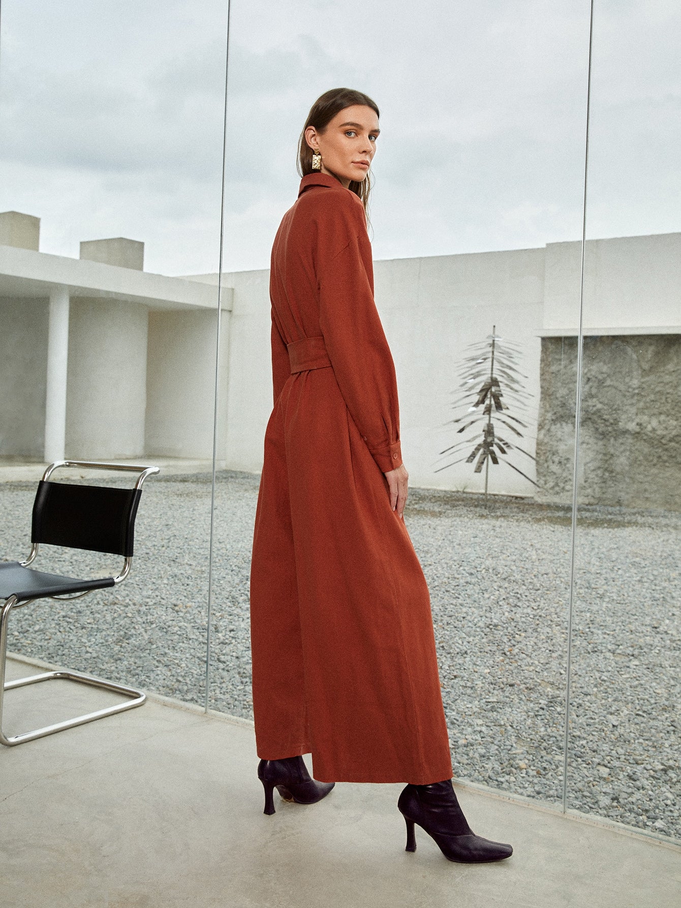 Drop Shoulder Belted Shirt Jumpsuit