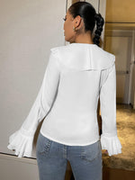 Solid Flounce Sleeve Ruffle Neck Button Up Blouse