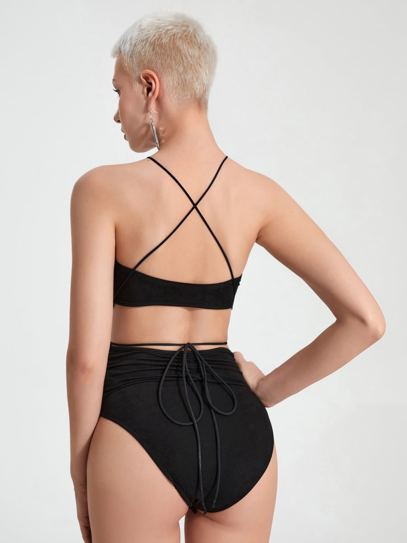 Crisscross Tie Back Cut Out Ruched Bodysuit
