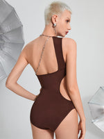 Asymmetrical Neck Chain Detail Cut Out Bodysuit
